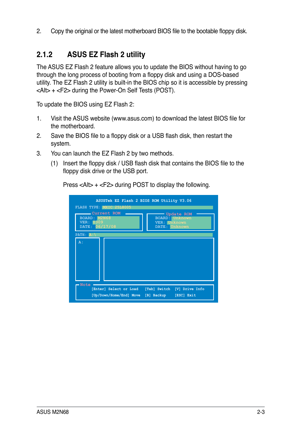 2 asus ez flash 2 utility | Asus M2N68 User Manual | Page 47 / 104