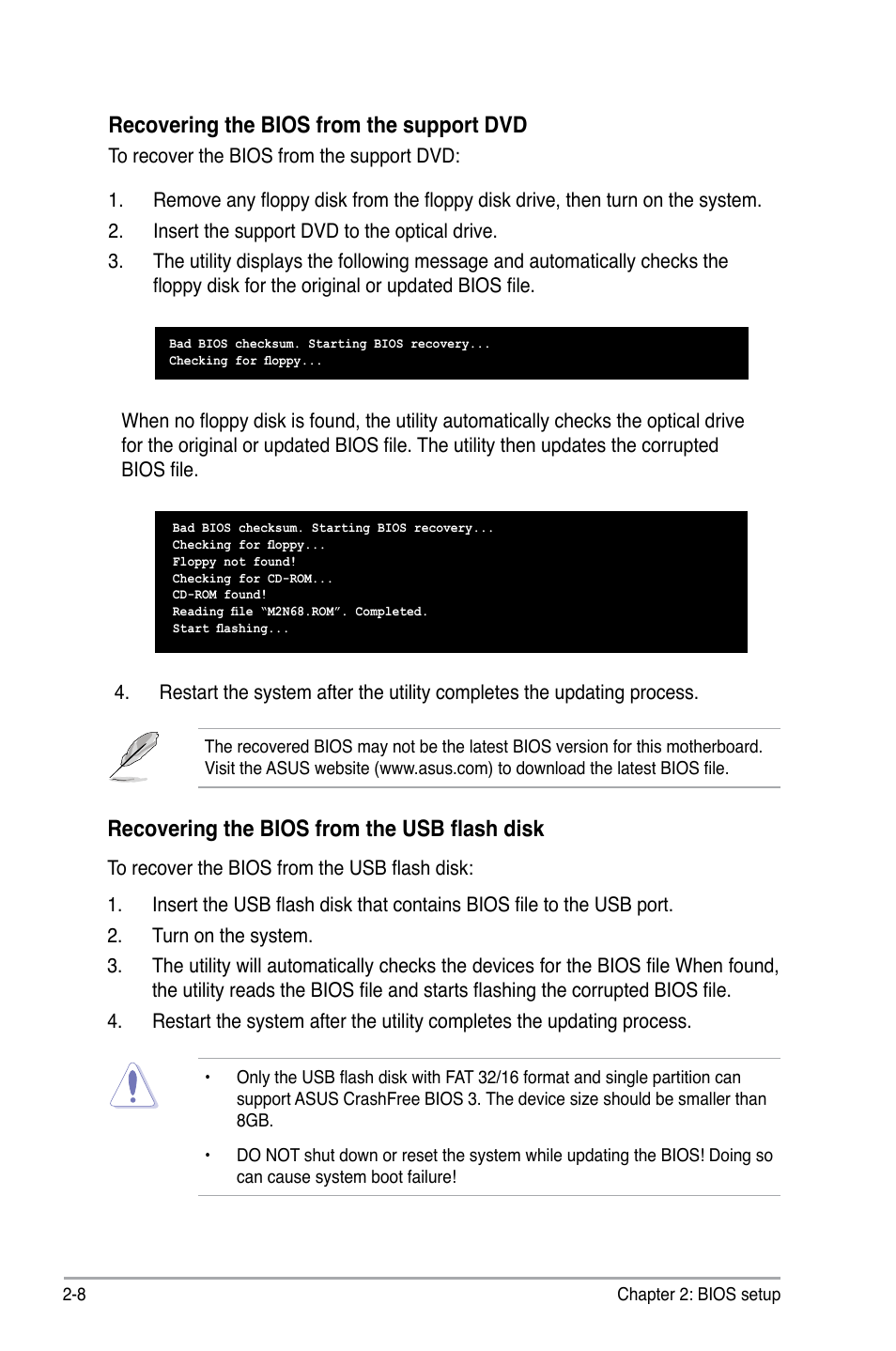 Recovering the bios from the support dvd, Recovering the bios from the usb flash disk | Asus M2N68 User Manual | Page 52 / 104