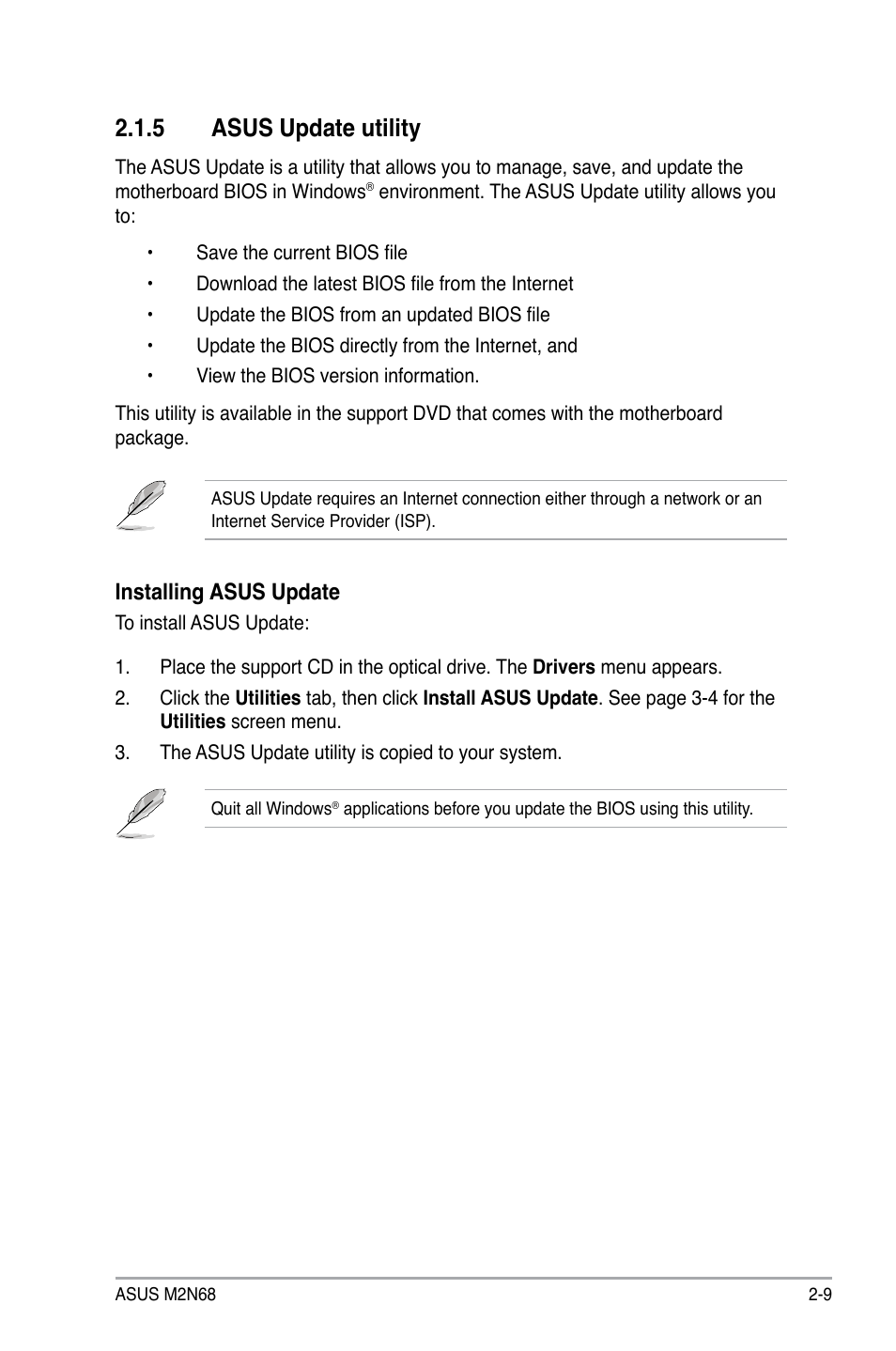 5 asus update utility, Installing asus update | Asus M2N68 User Manual | Page 53 / 104