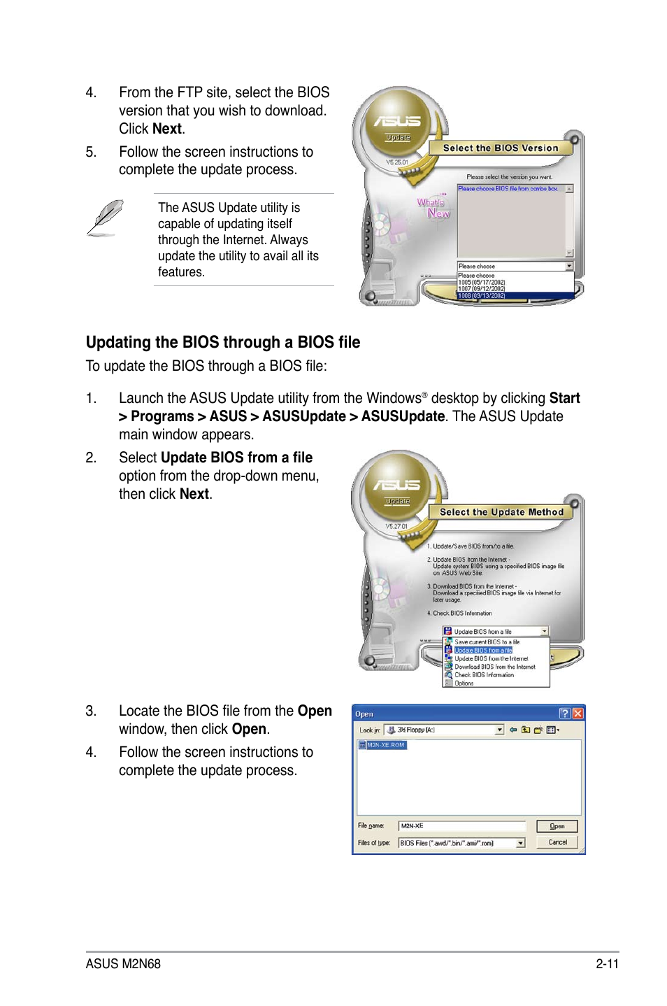 Updating the bios through a bios file | Asus M2N68 User Manual | Page 55 / 104