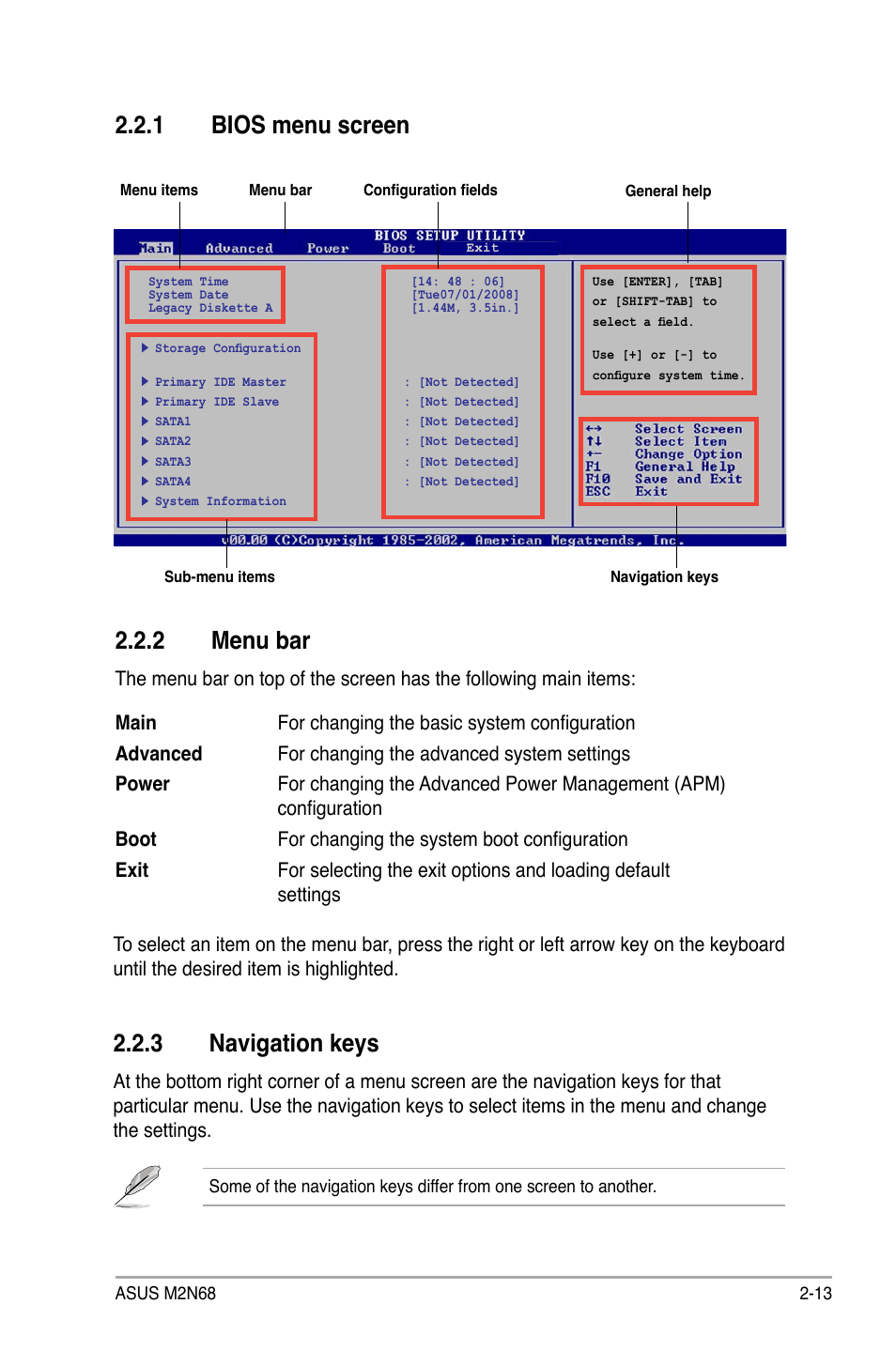 2 menu bar, 1 bios menu screen, 3 navigation keys | Asus M2N68 User Manual | Page 57 / 104