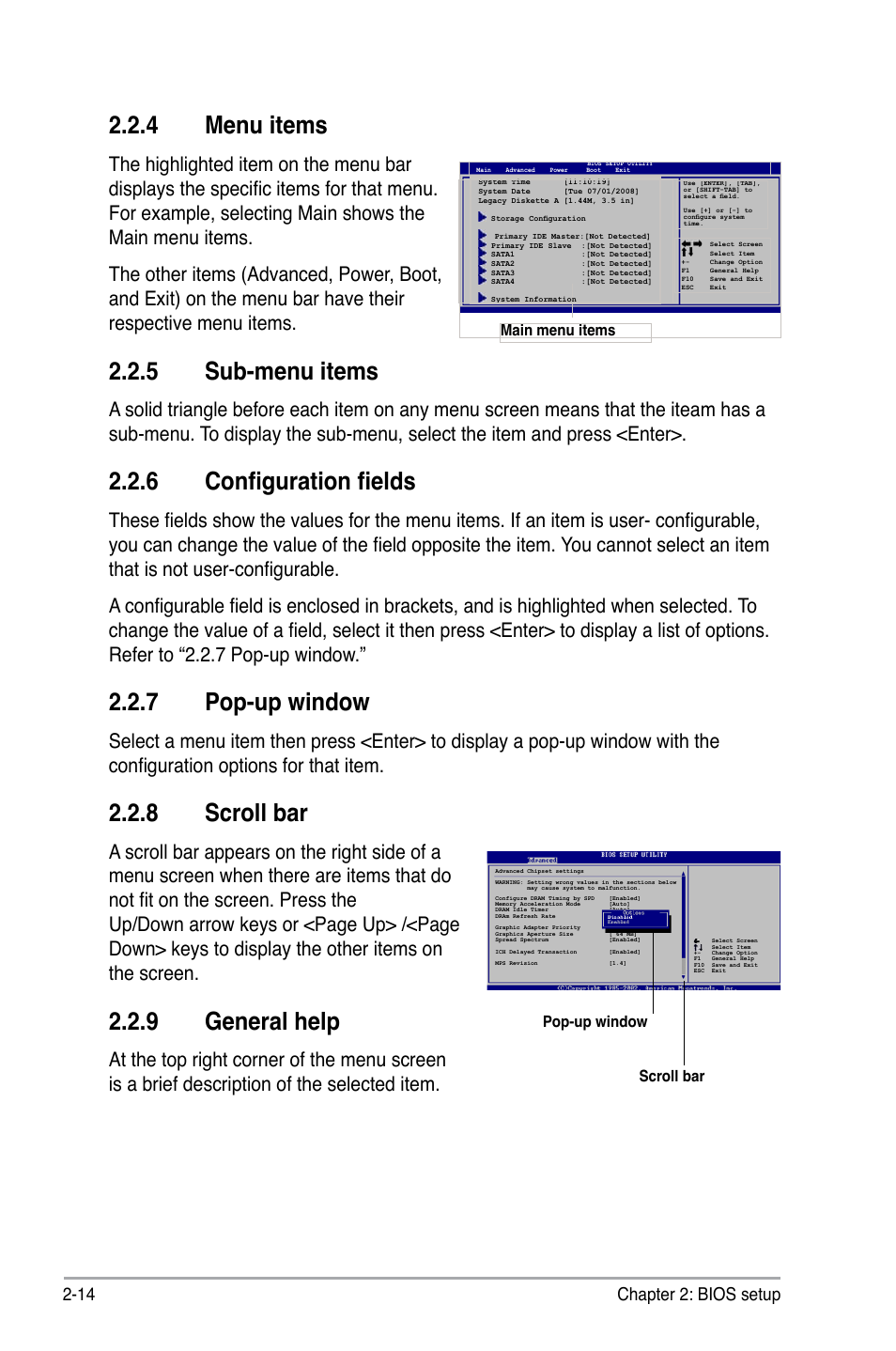 4 menu items, 5 sub-menu items, 6 configuration fields | 7 pop-up window, 8 scroll bar, 9 general help, 14 chapter 2: bios setup | Asus M2N68 User Manual | Page 58 / 104