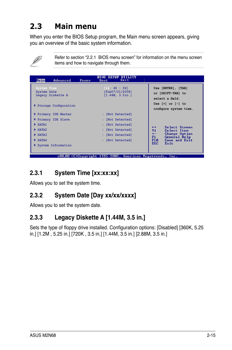 3 main menu, 1 system time [xx:xx:xx | Asus M2N68 User Manual | Page 59 / 104