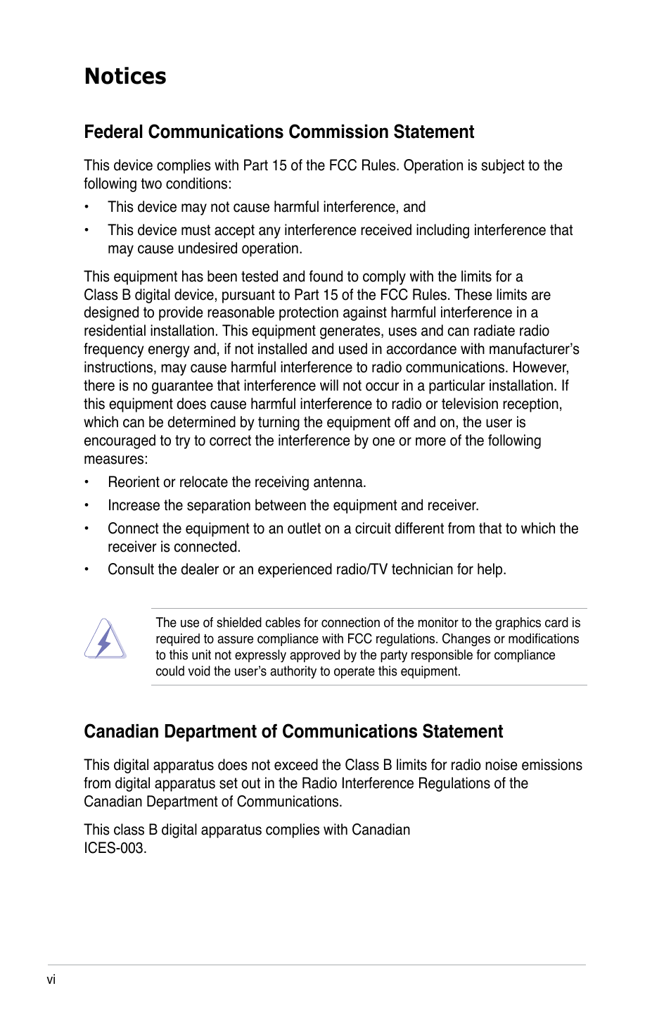 Notices, Federal communications commission statement, Canadian department of communications statement | Asus M2N68 User Manual | Page 6 / 104