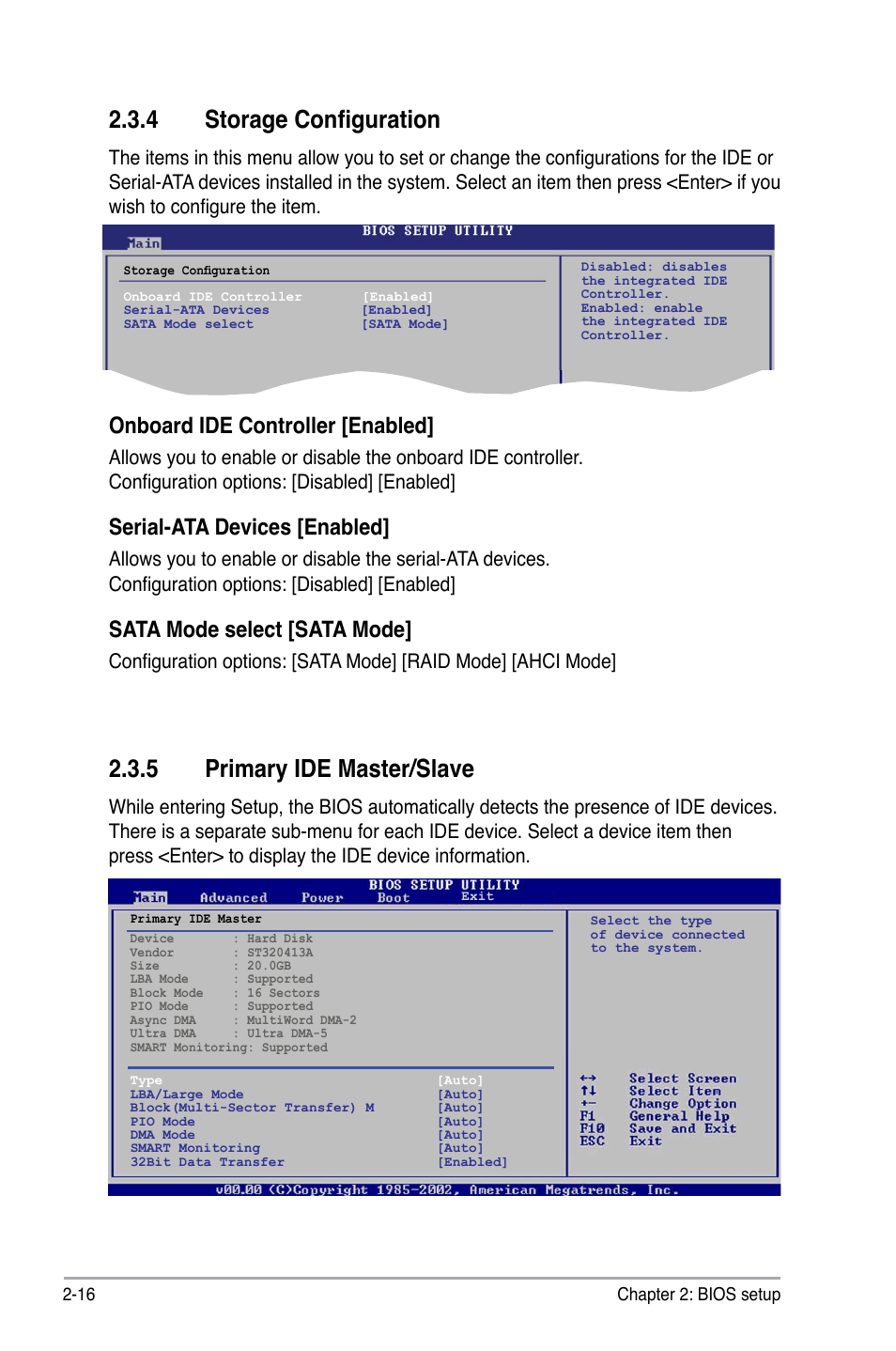 4 storage configuration, 5 primary ide master/slave, Onboard ide controller [enabled | Serial-ata devices [enabled, Sata mode select [sata mode | Asus M2N68 User Manual | Page 60 / 104