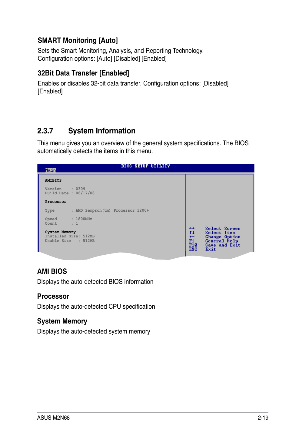 7 system information, Smart monitoring [auto, 32bit data transfer [enabled | Ami bios, Processor | Asus M2N68 User Manual | Page 63 / 104