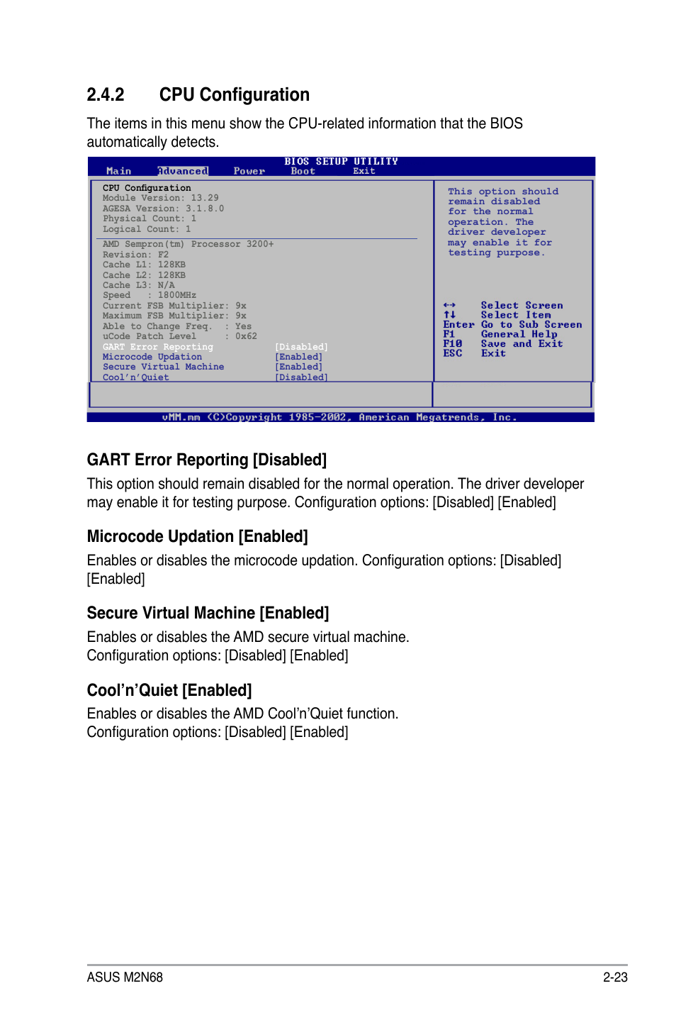 2 cpu configuration, Gart error reporting [disabled, Microcode updation [enabled | Secure virtual machine [enabled, Cool’n’quiet [enabled | Asus M2N68 User Manual | Page 67 / 104