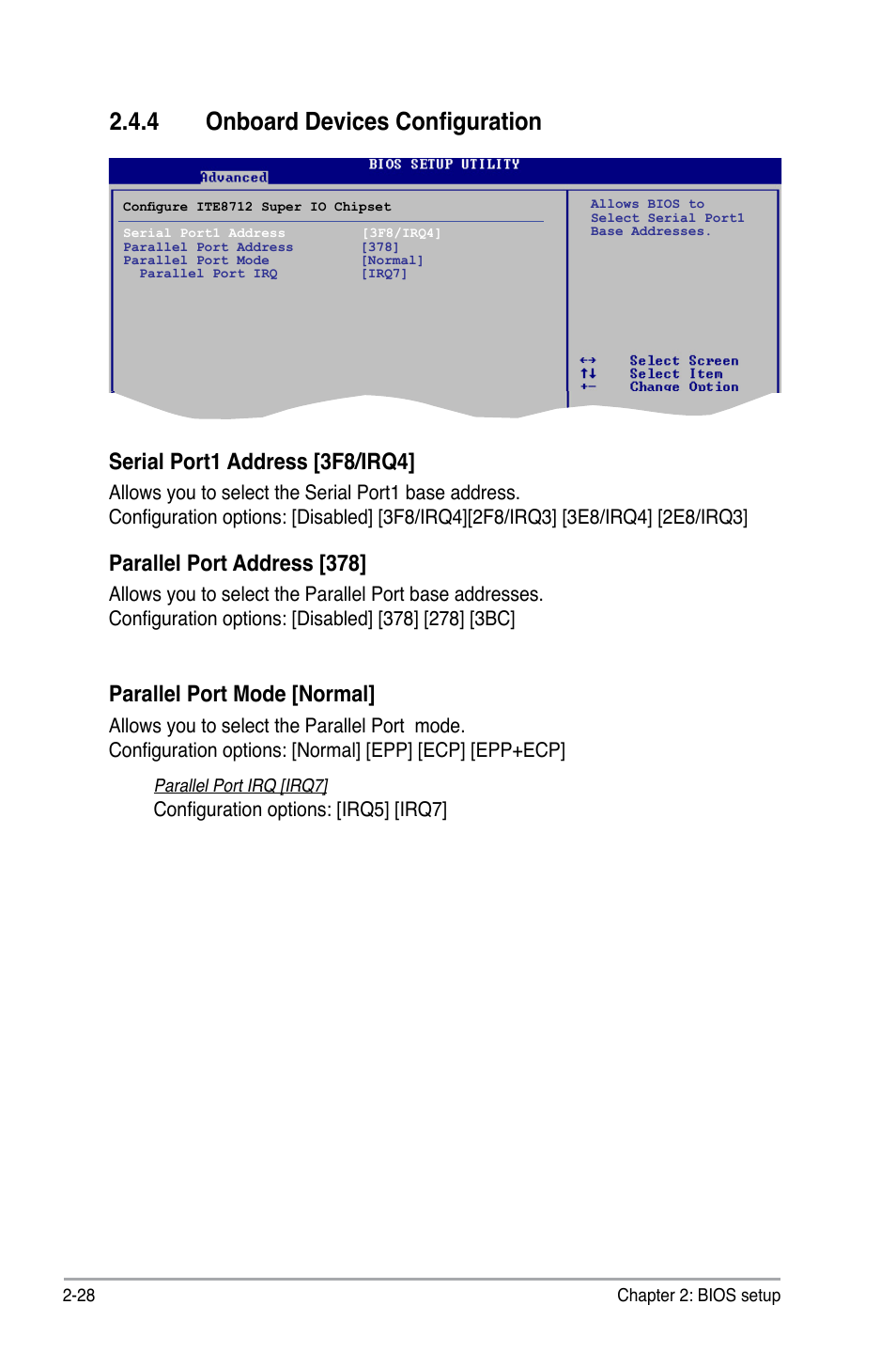 4 onboard devices configuration, Serial port1 address [3f8/irq4, Parallel port address [378 | Parallel port mode [normal | Asus M2N68 User Manual | Page 72 / 104