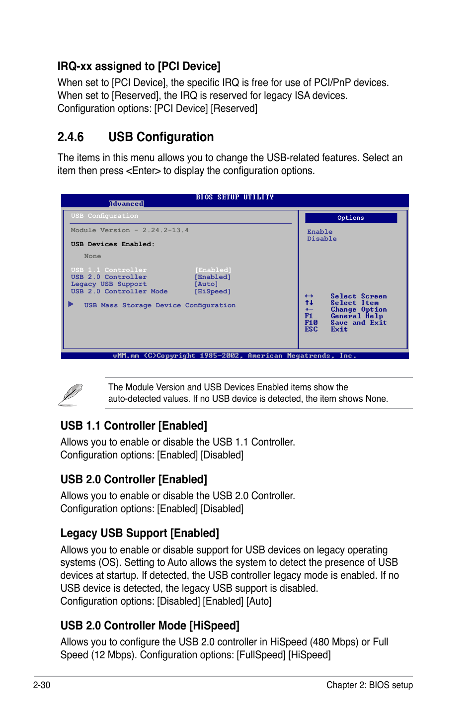 6 usb configuration, Usb 1.1 controller [enabled, Usb 2.0 controller [enabled | Legacy usb support [enabled, Usb 2.0 controller mode [hispeed, Irq-xx assigned to [pci device | Asus M2N68 User Manual | Page 74 / 104