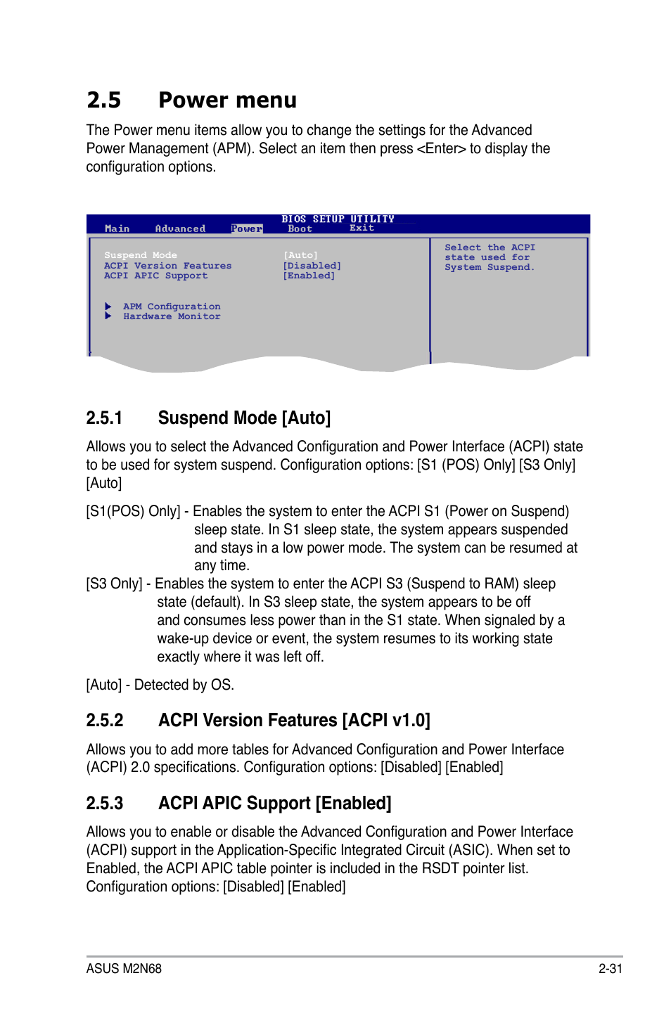 5 power menu, 1 suspend mode [auto, 2 acpi version features [acpi v1.0 | 3 acpi apic support [enabled | Asus M2N68 User Manual | Page 75 / 104