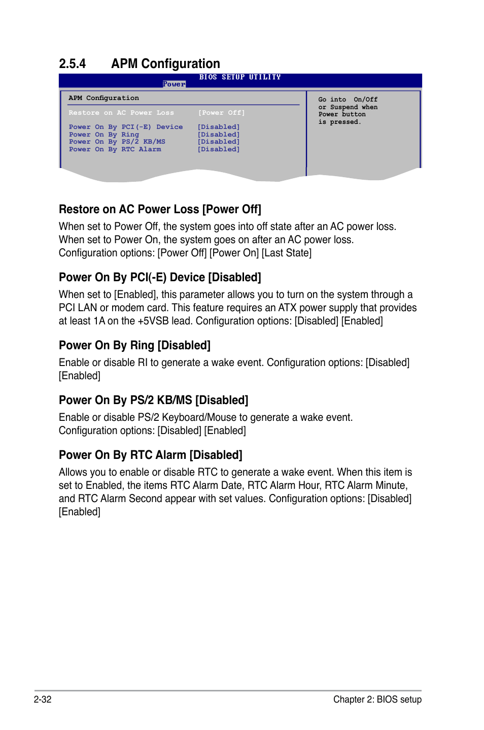 4 apm configuration, Restore on ac power loss [power off, Power on by pci(-e) device [disabled | Power on by ring [disabled, Power on by ps/2 kb/ms [disabled, Power on by rtc alarm [disabled | Asus M2N68 User Manual | Page 76 / 104