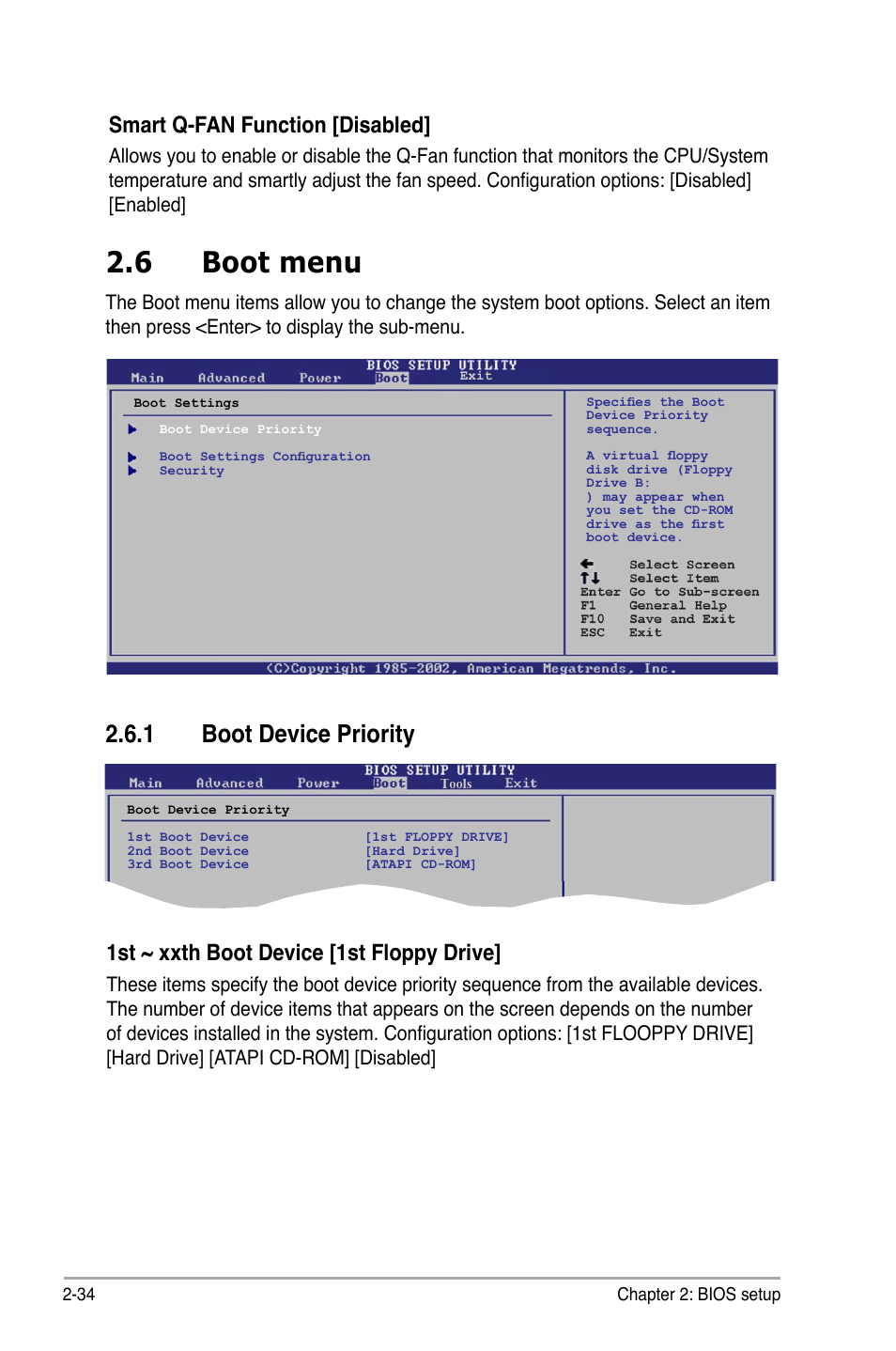 6 boot menu, 1 boot device priority, 1st ~ xxth boot device [1st floppy drive | Smart q-fan function [disabled | Asus M2N68 User Manual | Page 78 / 104