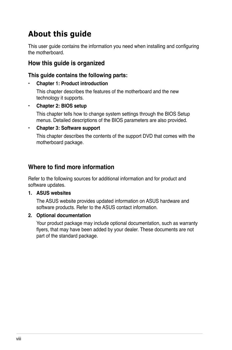 About this guide, How this guide is organized, Where to find more information | Asus M2N68 User Manual | Page 8 / 104