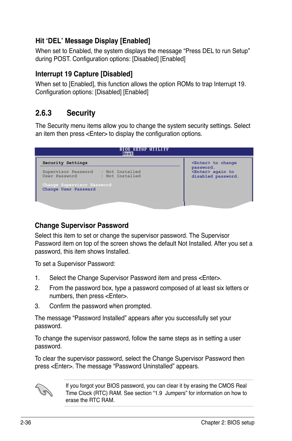 3 security, Hit ‘del’ message display [enabled, Interrupt 19 capture [disabled | Change supervisor password | Asus M2N68 User Manual | Page 80 / 104