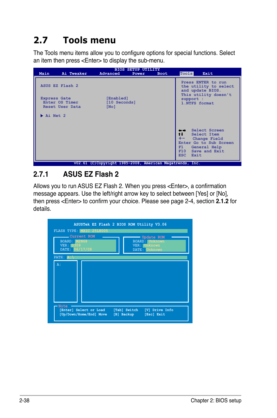 7 tools menu, 1 asus ez flash 2 | Asus M2N68 User Manual | Page 82 / 104