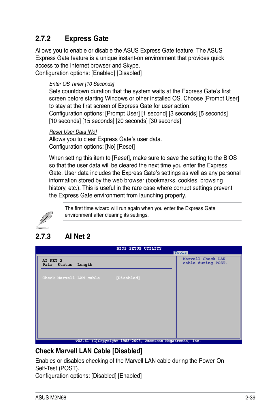 2 express gate, 3 ai net 2, Check marvell lan cable [disabled | Asus M2N68 User Manual | Page 83 / 104