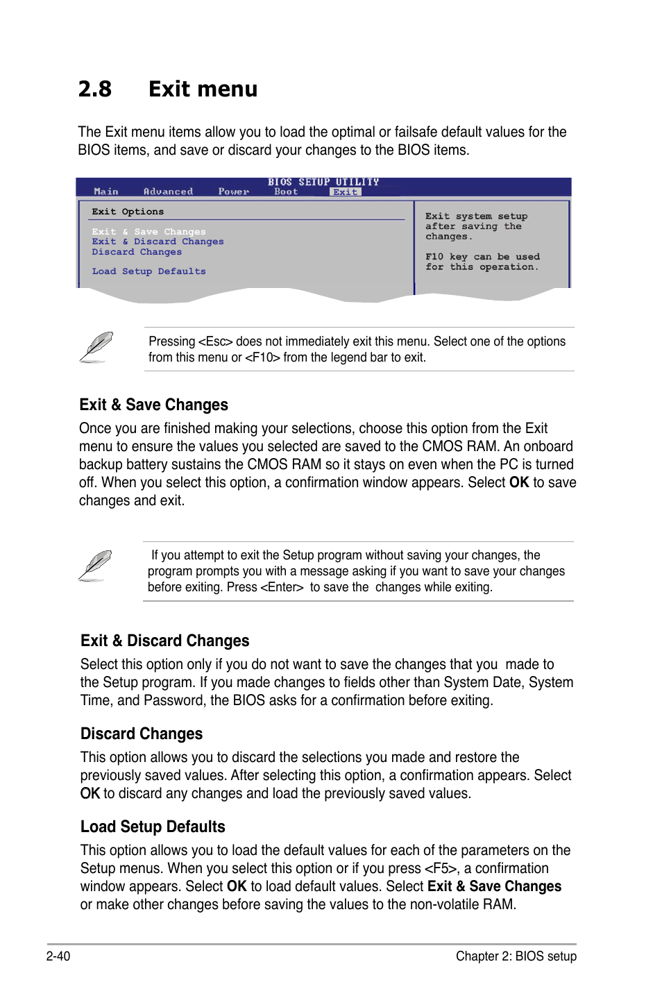 8 exit menu, Exit & save changes, Exit & discard changes | Discard changes, Load setup defaults | Asus M2N68 User Manual | Page 84 / 104