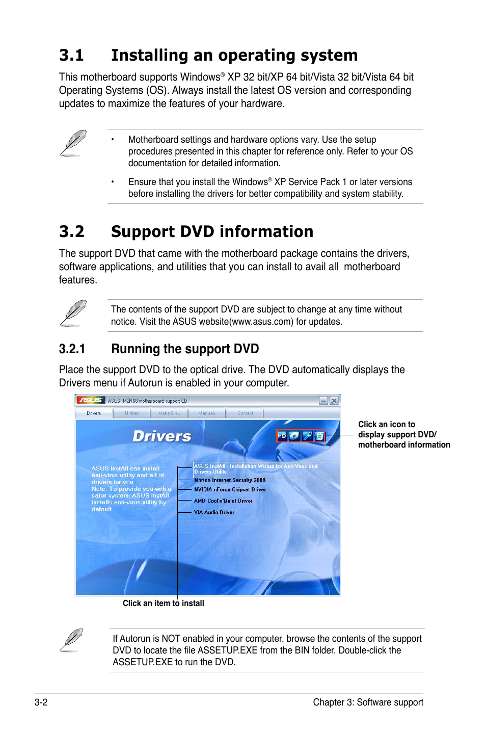 1 installing an operating system, 2 support dvd information, 1 running the support dvd | Asus M2N68 User Manual | Page 86 / 104