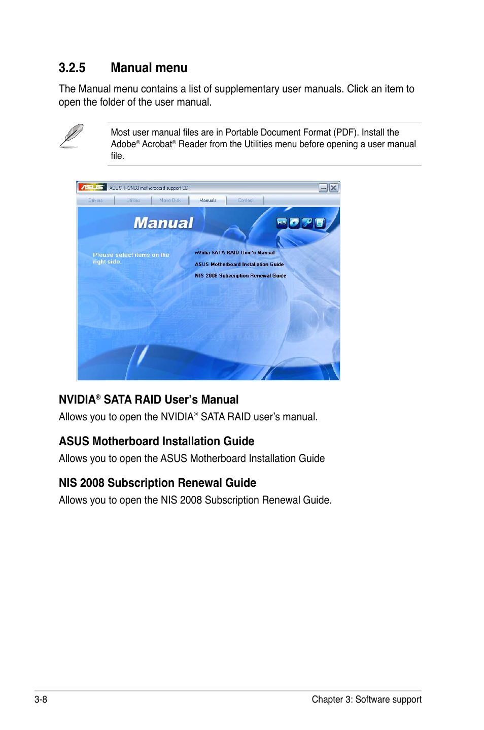 5 manual menu, Nvidia, Sata raid user’s manual | Asus motherboard installation guide, Nis 2008 subscription renewal guide | Asus M2N68 User Manual | Page 92 / 104