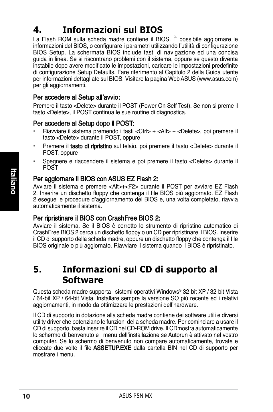 Informazioni sul bios, Informazioni sul cd di supporto al software, Italiano | Asus P5N-MX User Manual | Page 10 / 38