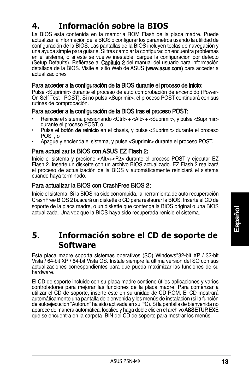 Información sobre el cd de soporte de software, Información sobre la bios, Español | Asus P5N-MX User Manual | Page 13 / 38