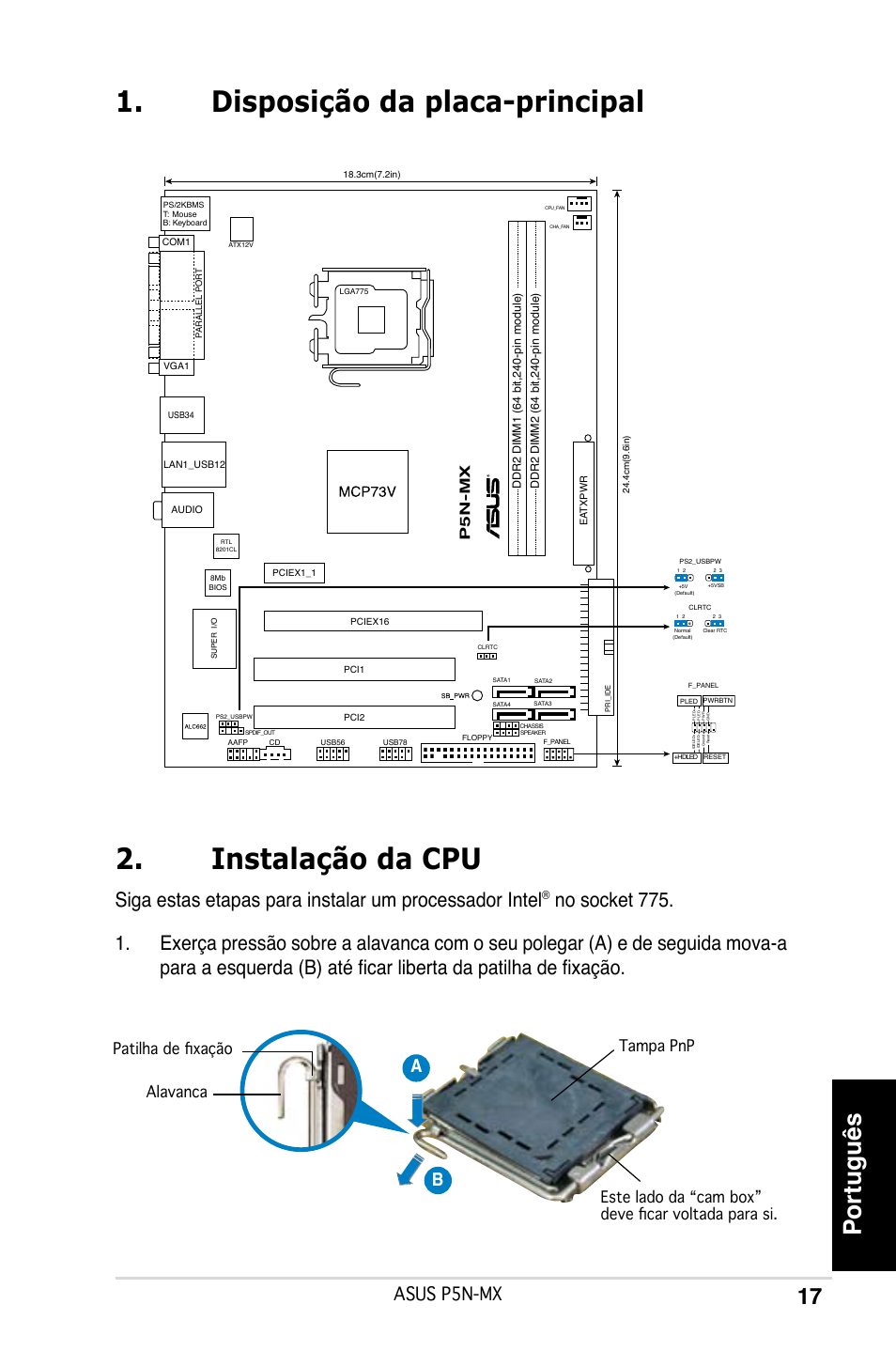 Disposição da placa-principal 2. instalação da cpu, Português, Asus p5n-mx | Ab b, P5n-mx | Asus P5N-MX User Manual | Page 17 / 38
