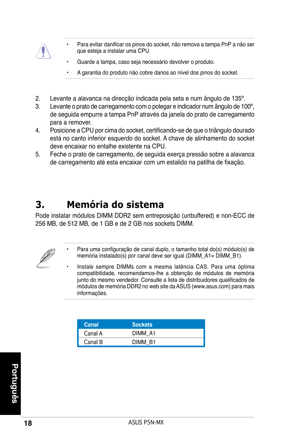 Memória do sistema, Português | Asus P5N-MX User Manual | Page 18 / 38