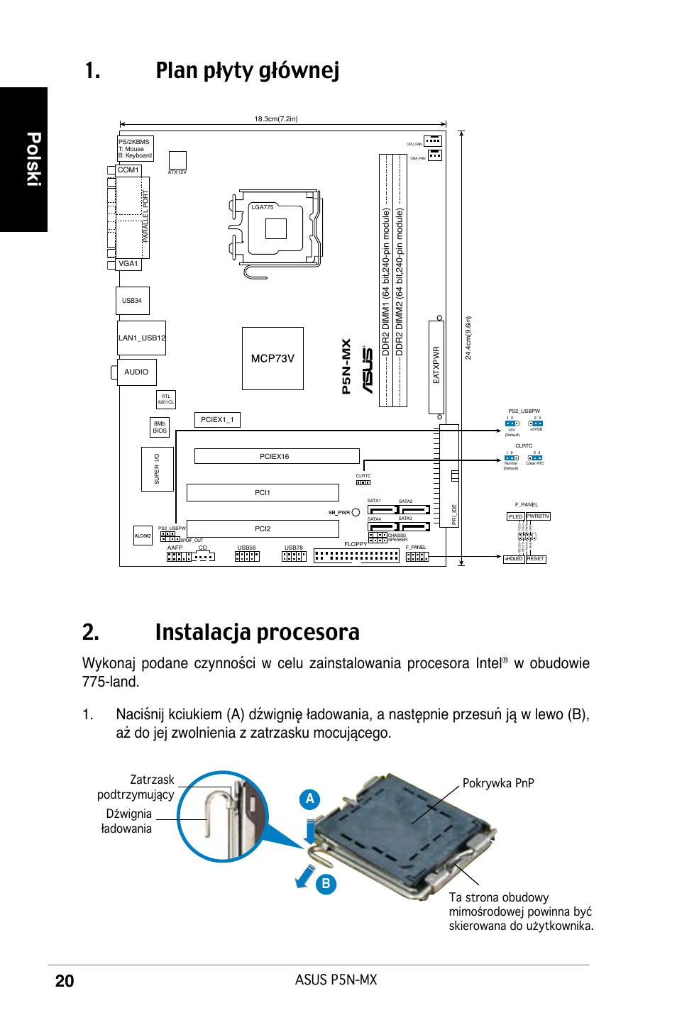 Plan płyty głównej 2. instalacja procesora, Polski, Asus p5n-mx | Ab b, P5n-mx | Asus P5N-MX User Manual | Page 20 / 38