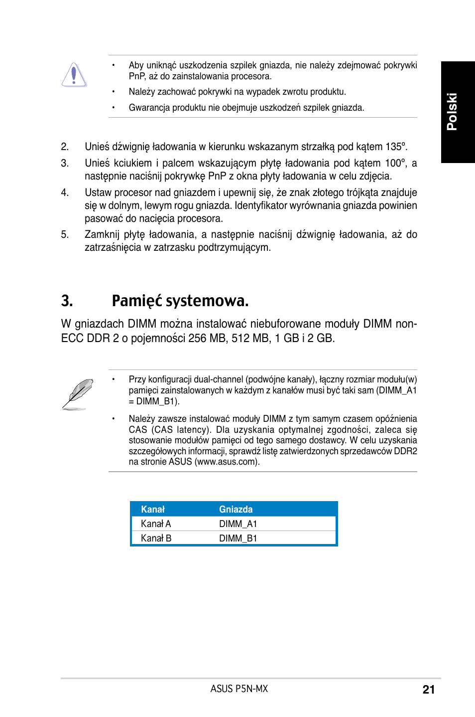 Pamięć systemowa, Polski | Asus P5N-MX User Manual | Page 21 / 38