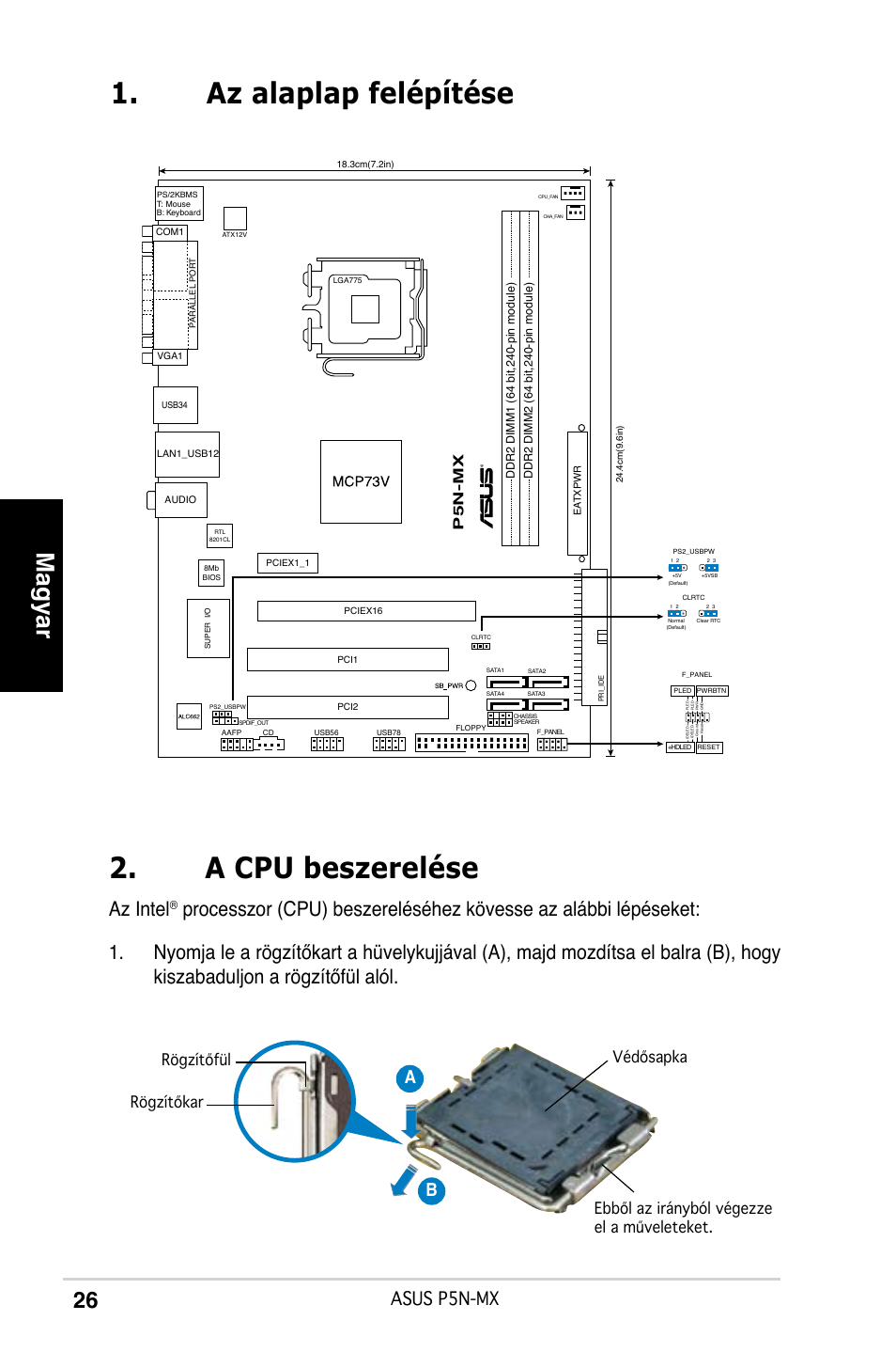 Az alaplap felépítése 2. a cpu beszerelése, Magyar, Az intel | Asus p5n-mx, Ab b, P5n-mx | Asus P5N-MX User Manual | Page 26 / 38