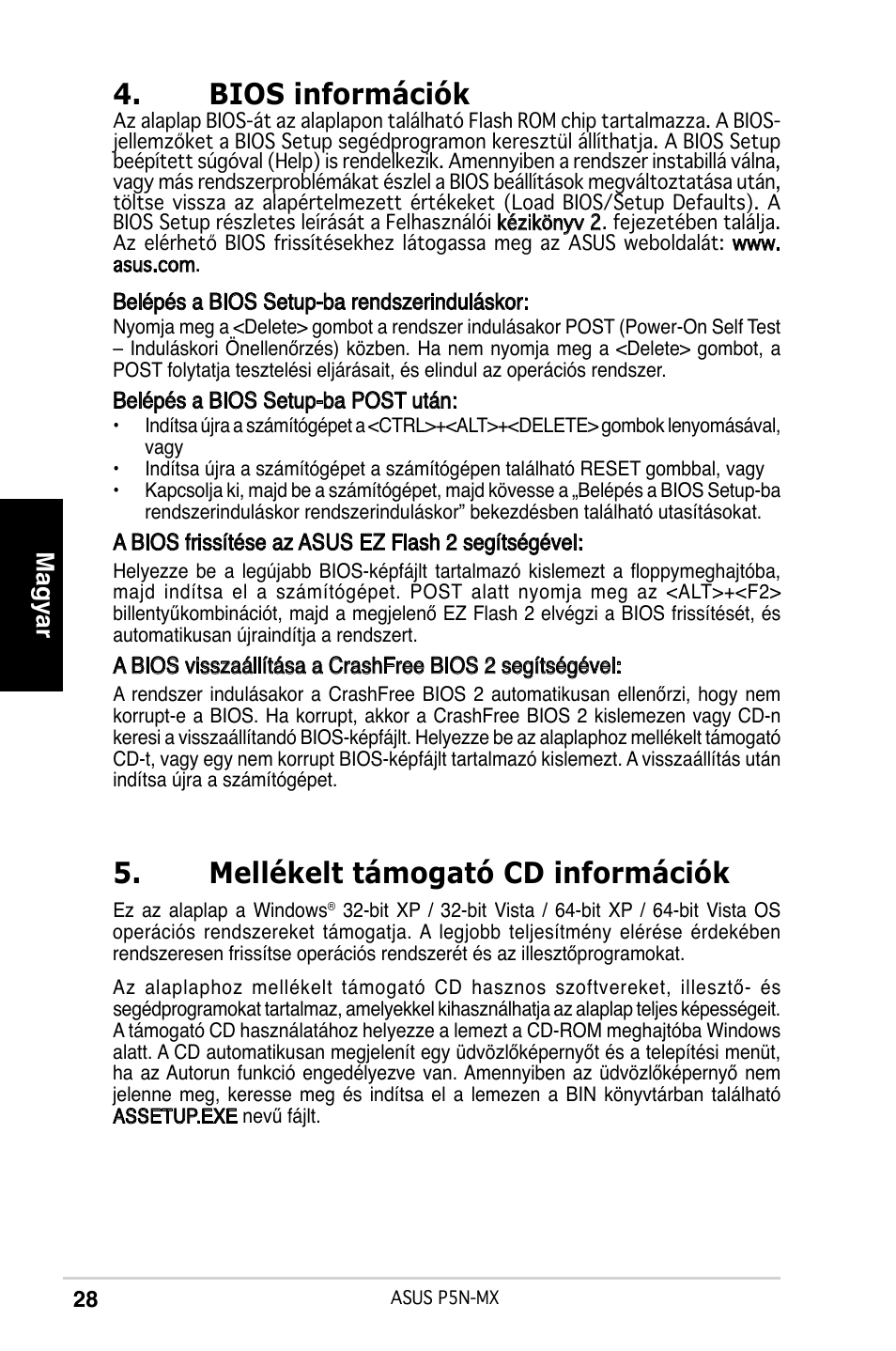 Bios információk, Mellékelt támogató cd információk, Magyar | Asus P5N-MX User Manual | Page 28 / 38
