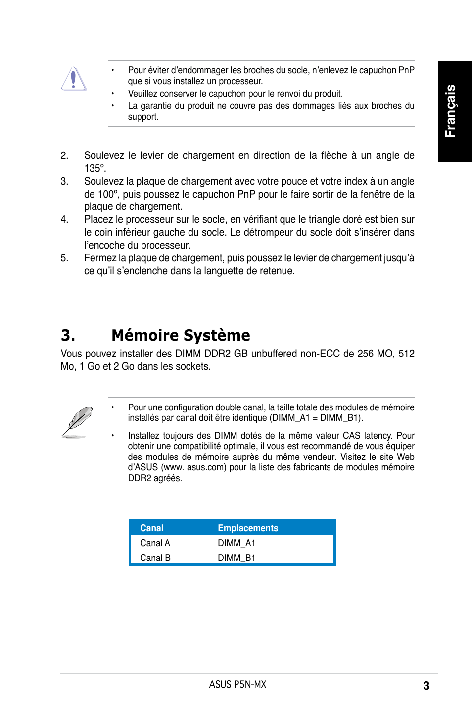 Mémoire système, Français | Asus P5N-MX User Manual | Page 3 / 38