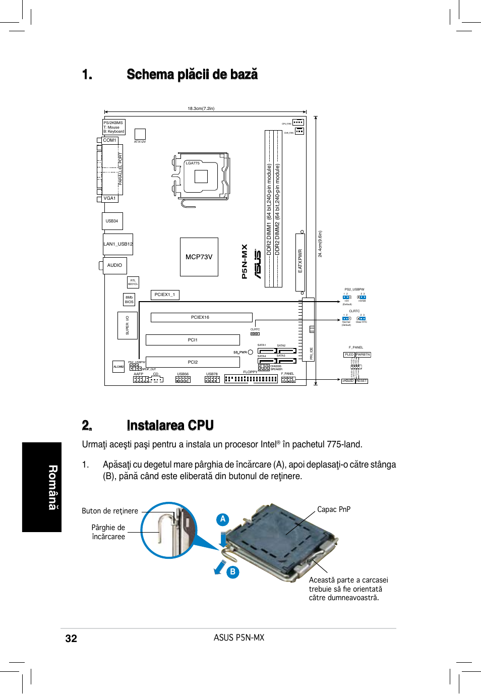 Schema plăcii de bază 2. instalarea cpu, Română, Asus p5n-mx | Ab b, P5n-mx | Asus P5N-MX User Manual | Page 32 / 38