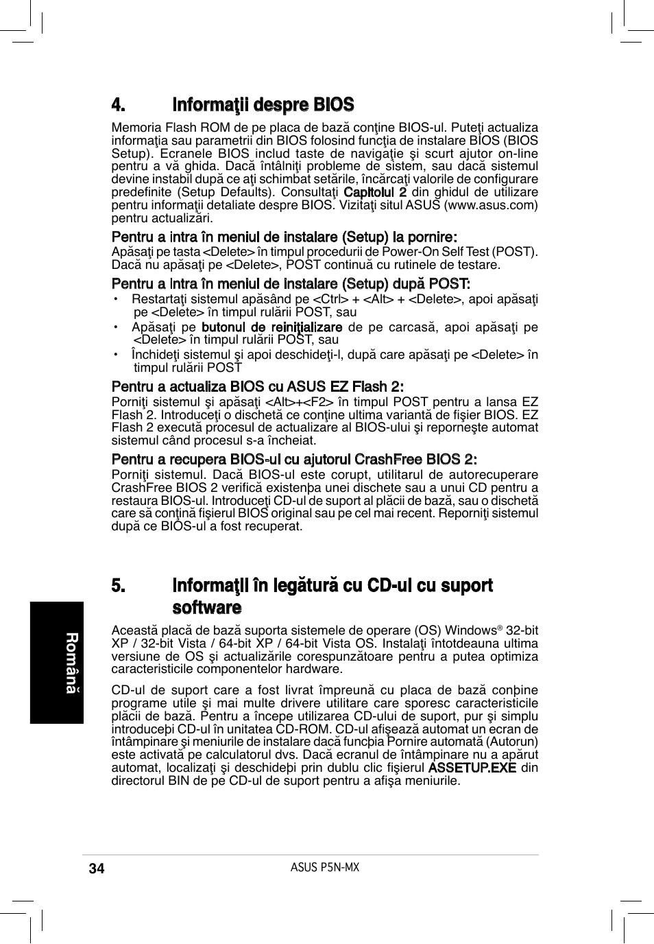 Informaţii despre bios, Informaţii în legătură cu cd-ul cu suport software, Română | Asus P5N-MX User Manual | Page 34 / 38