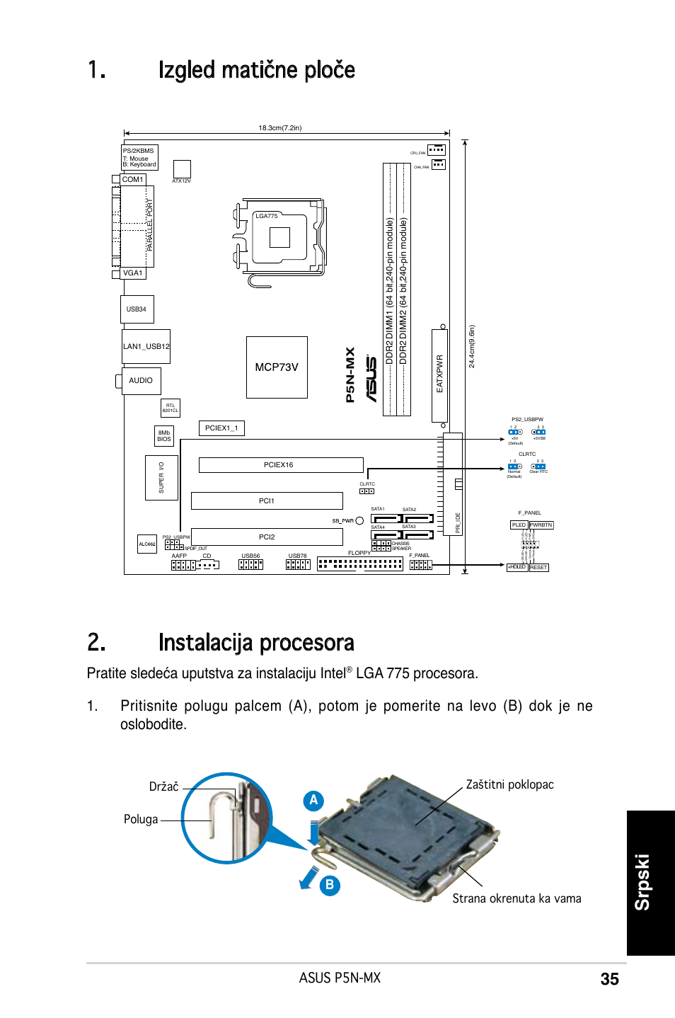 Izgled matične ploče 2. instalacija procesora, Srpski, Pratite sledeća uputstva za instalaciju intel | Asus p5n-mx, Ab b, P5n-mx | Asus P5N-MX User Manual | Page 35 / 38