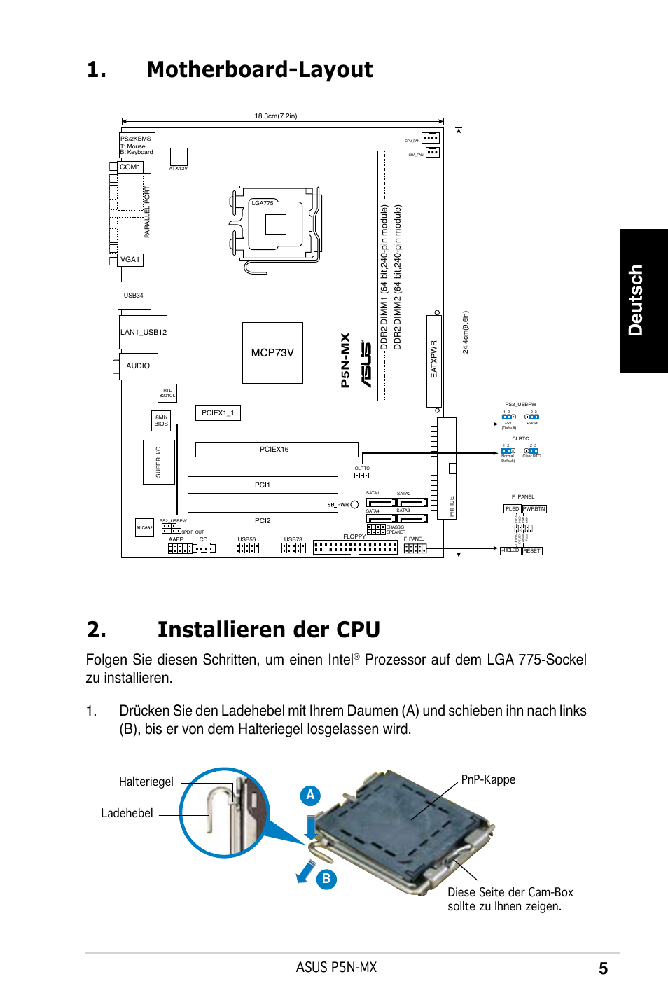 Motherboard-layout 2. installieren der cpu, Deutsch, Folgen sie diesen schritten, um einen intel | Asus p5n-mx, Ab b, Pn-mx | Asus P5N-MX User Manual | Page 5 / 38