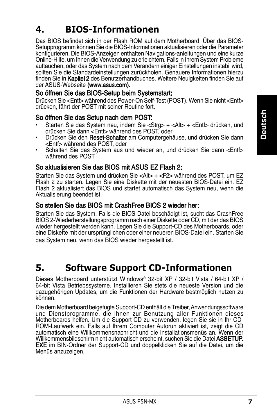 Bios-informationen, Software support cd-informationen, Deutsch | Asus P5N-MX User Manual | Page 7 / 38