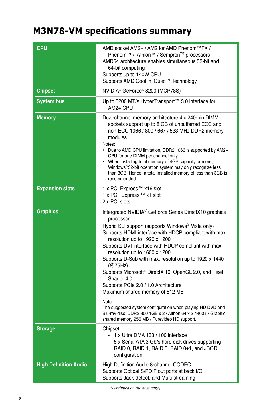 M3n78-vm specifications summary | Asus M3N78-VM User Manual | Page 10 / 118