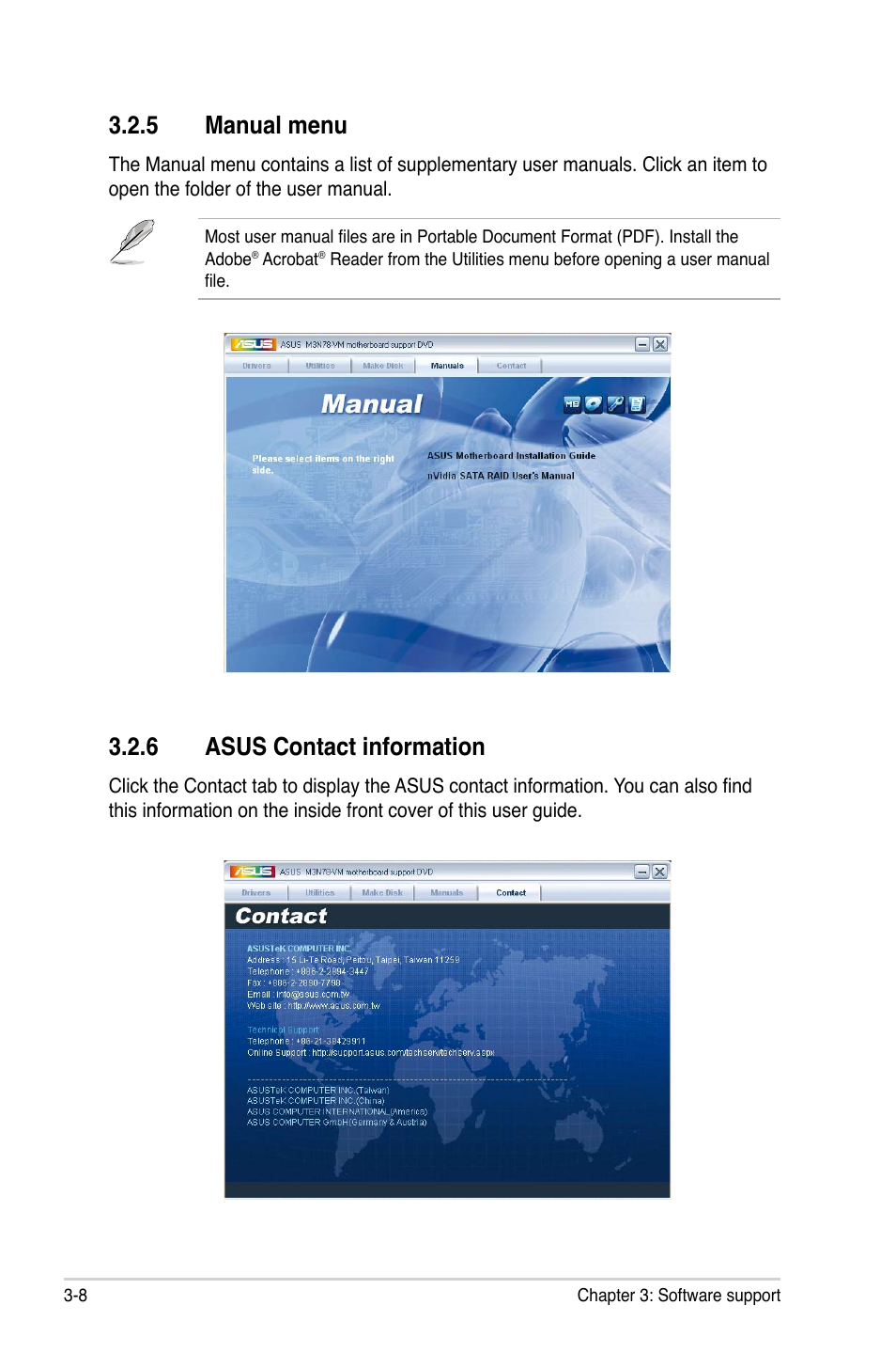 5 manual menu, 6 asus contact information | Asus M3N78-VM User Manual | Page 100 / 118