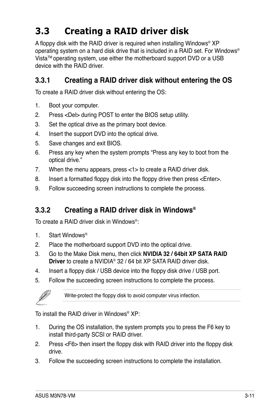 3 creating a raid driver disk, 2 creating a raid driver disk in windows | Asus M3N78-VM User Manual | Page 103 / 118