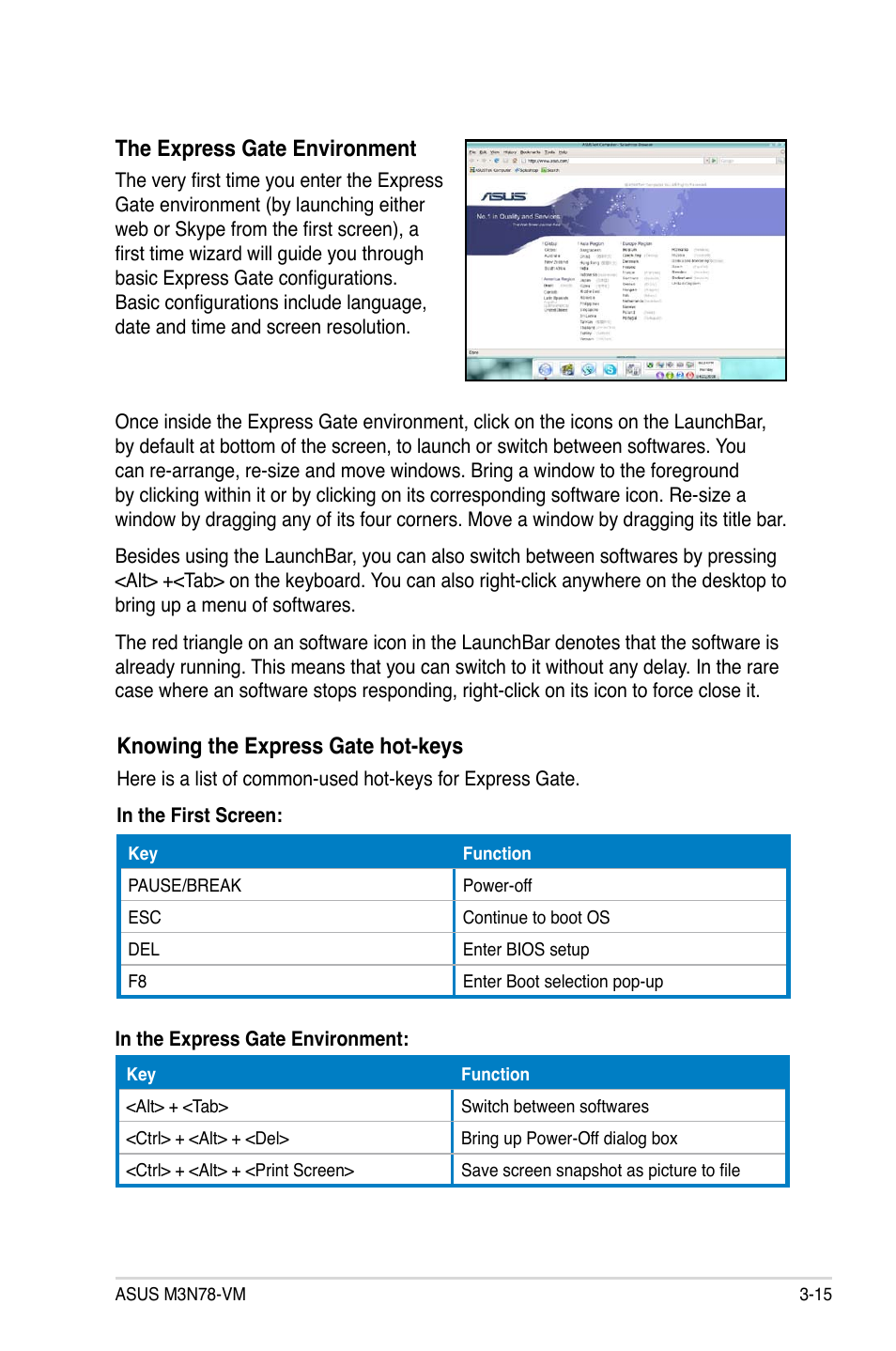 The express gate environment, Knowing the express gate hot-keys | Asus M3N78-VM User Manual | Page 107 / 118