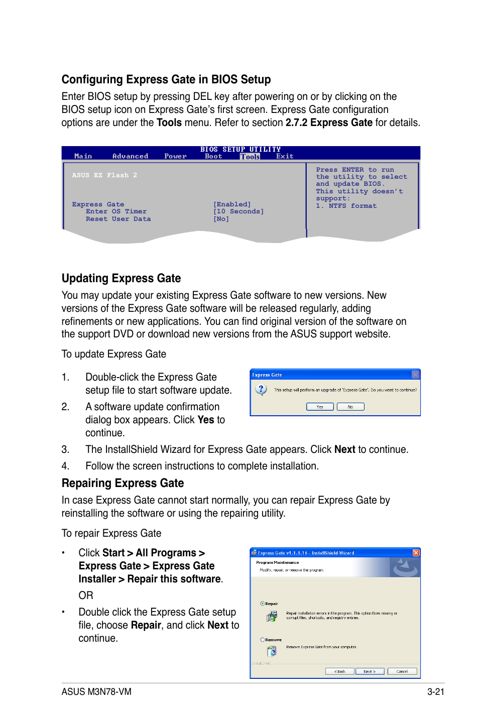 Configuring express gate in bios setup, Updating express gate, Repairing express gate | Asus M3N78-VM User Manual | Page 113 / 118