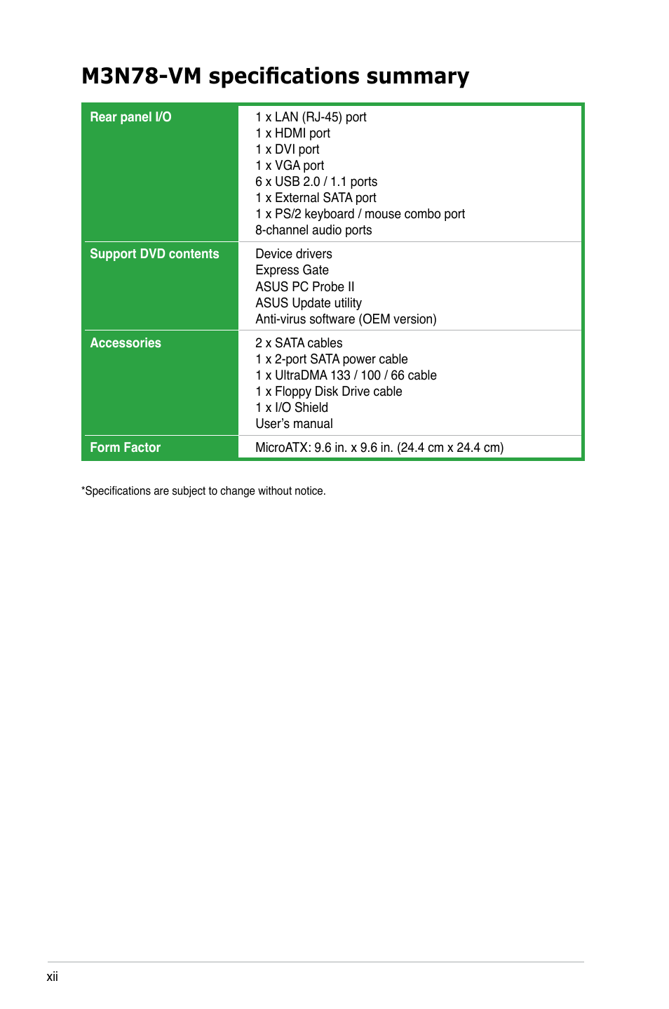 M3n78-vm specifications summary | Asus M3N78-VM User Manual | Page 12 / 118