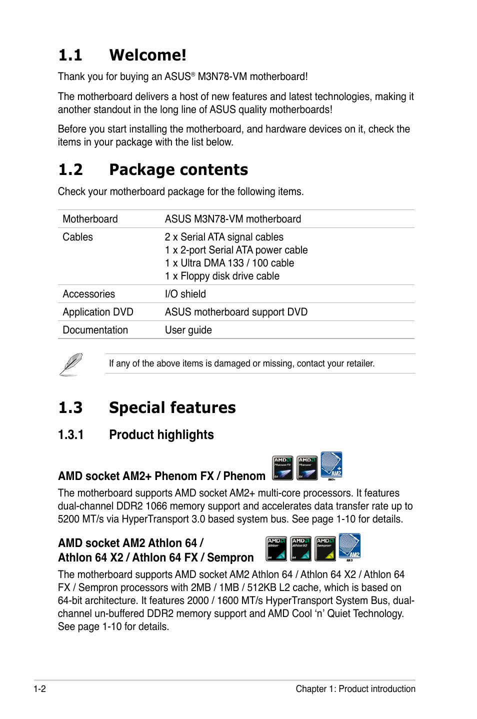 1 welcome, 2 package contents, 3 special features | 1 product highlights | Asus M3N78-VM User Manual | Page 14 / 118