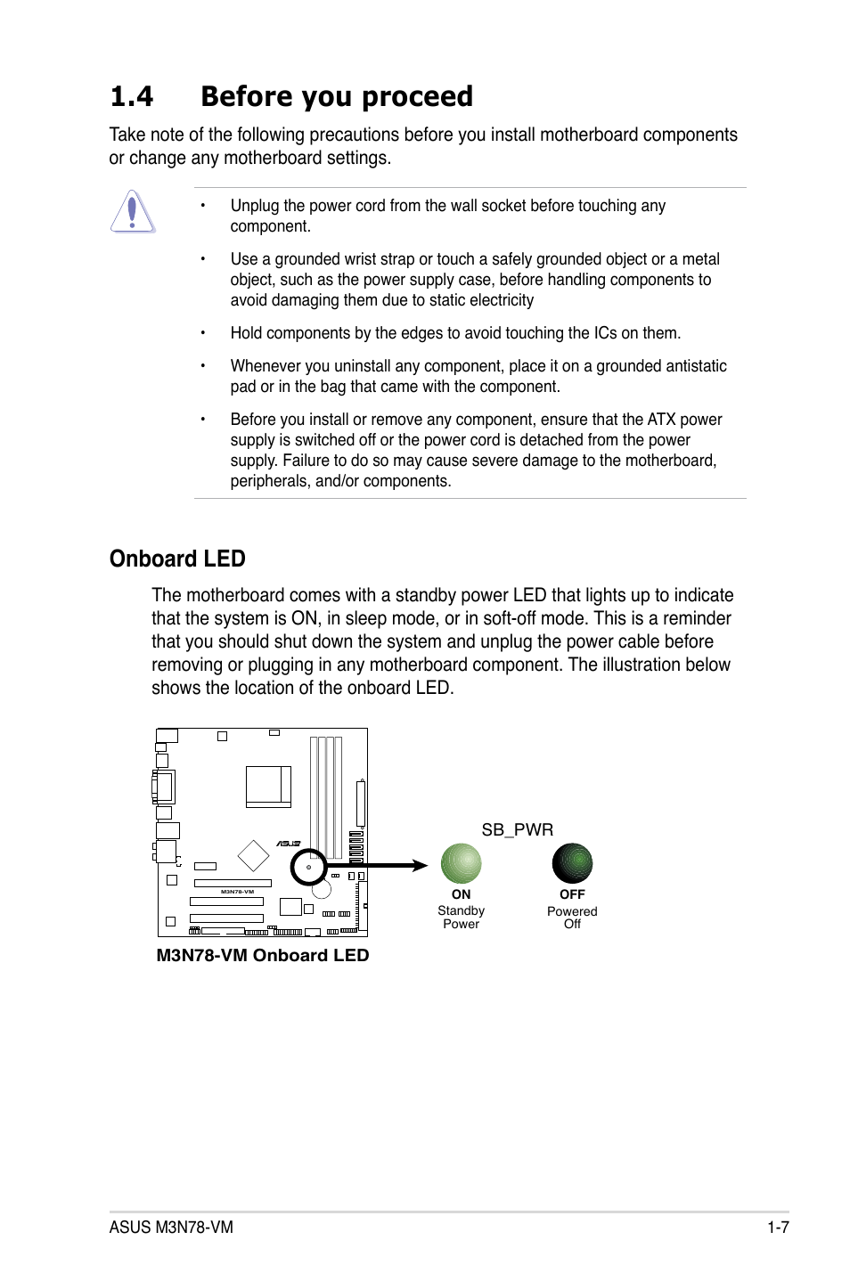 4 before you proceed, Onboard led | Asus M3N78-VM User Manual | Page 19 / 118