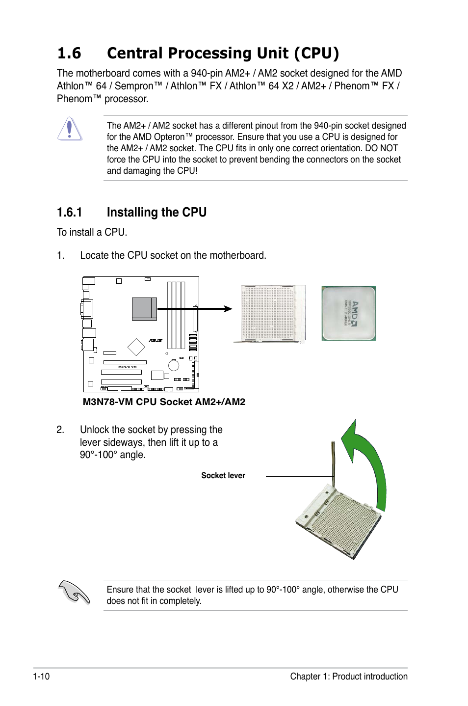 6 central processing unit (cpu), 1 installing the cpu | Asus M3N78-VM User Manual | Page 22 / 118