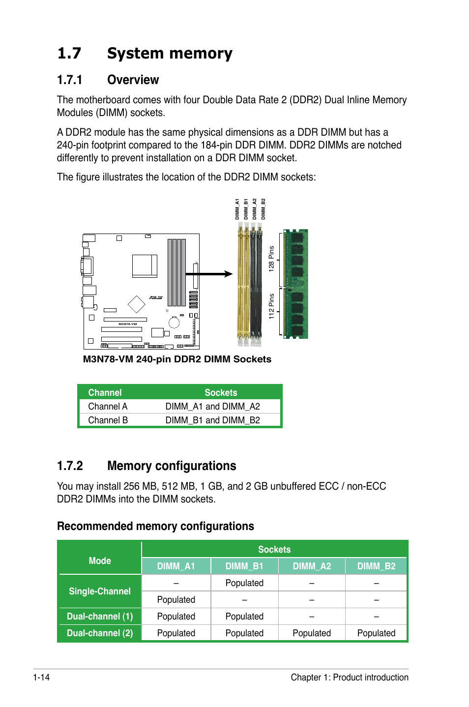 7 system memory, 1 overview, 2 memory configurations | Asus M3N78-VM User Manual | Page 26 / 118