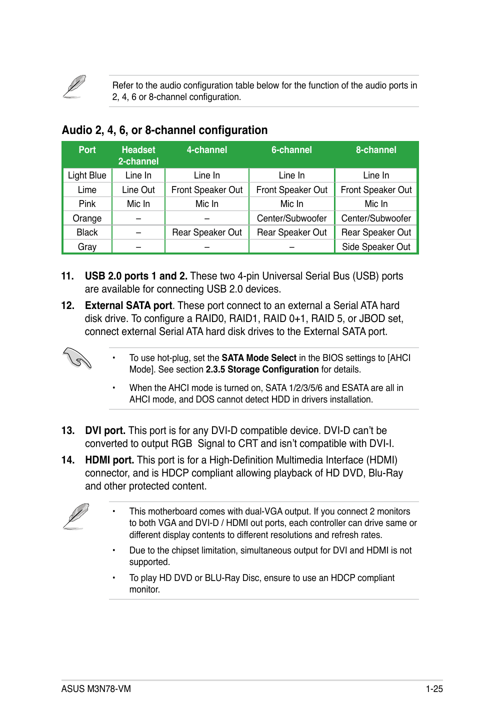 Audio 2, 4, 6, or 8-channel configuration | Asus M3N78-VM User Manual | Page 37 / 118