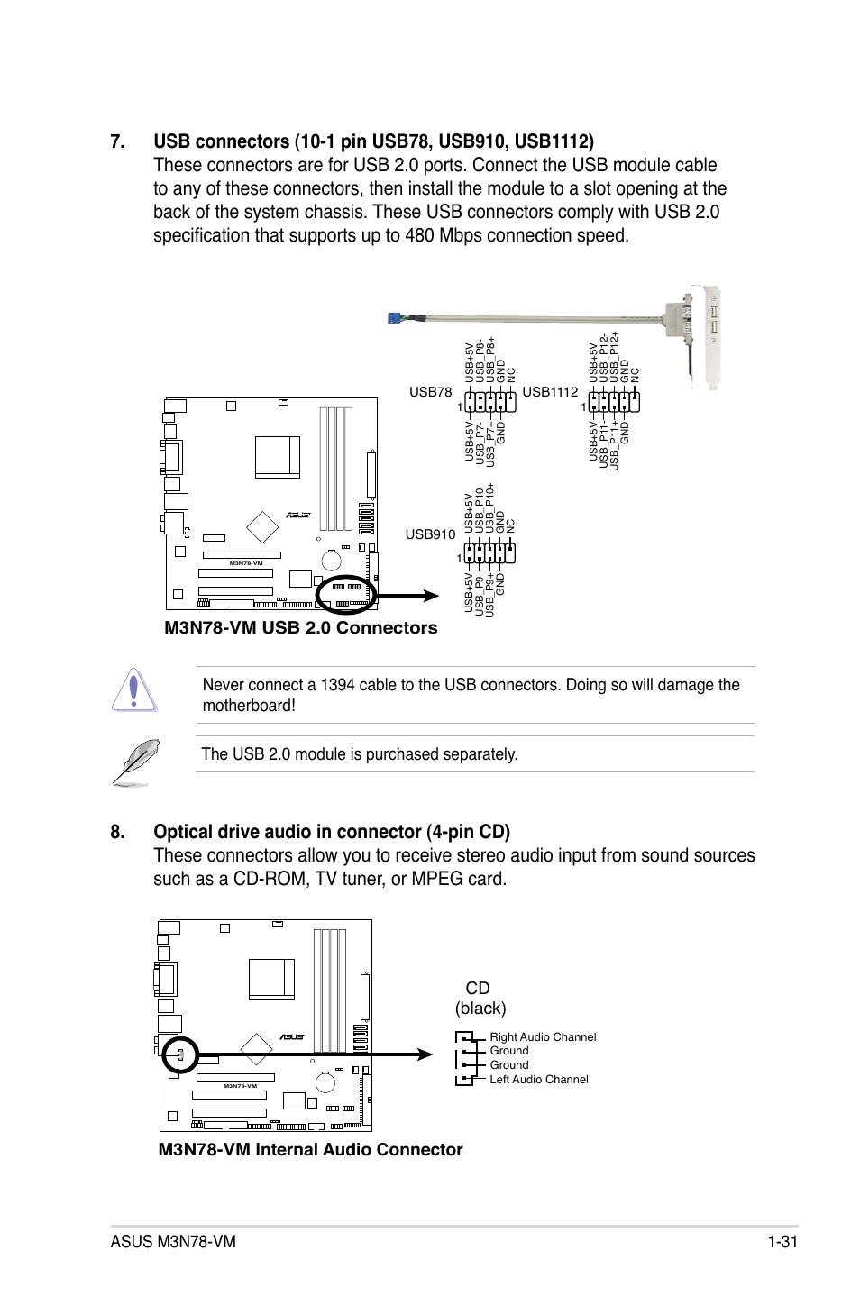 The usb 2.0 module is purchased separately, M3n78-vm internal audio connector cd (black) | Asus M3N78-VM User Manual | Page 43 / 118