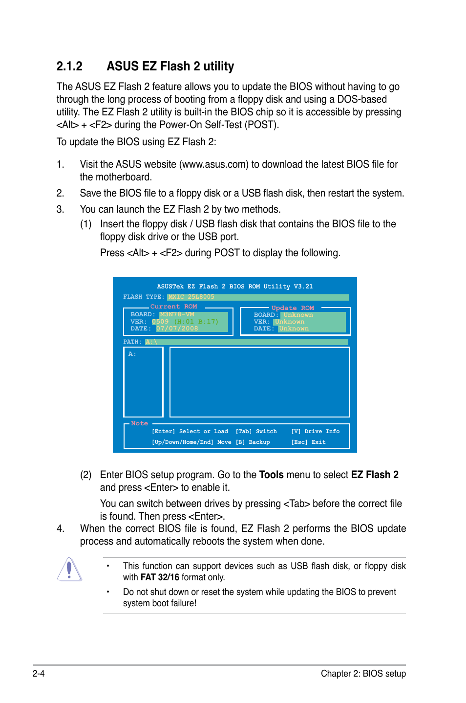 2 asus ez flash 2 utility | Asus M3N78-VM User Manual | Page 52 / 118